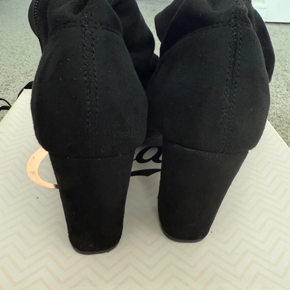 Black Suede Over The Knee Boots Block Heel‎ Side Zip Tie Back Women Size 6.5